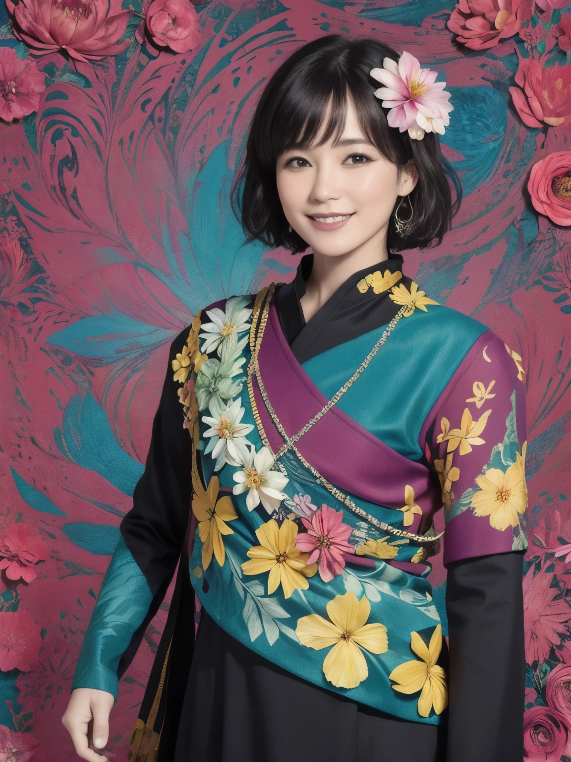273 (20-year-old woman,short hair), (beautiful:1.2), (Fractal Art:1.1), (flower:1.3), whole body, (Abstract background:1.3), (Many colors:1.4), (Old-fashioned smile), (Hawaii), (Wave:1.1)