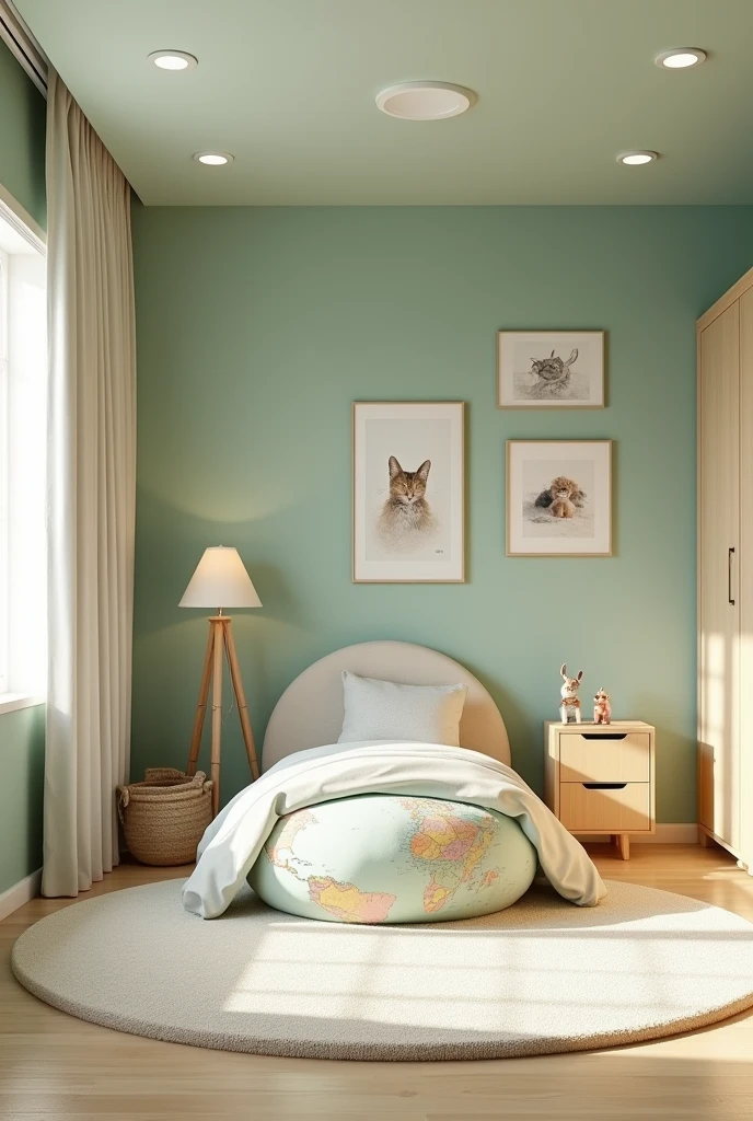 Professional 3d architecture rendering design of modern and light moss and so light Thunder and light cream and wooden Modern and minimal design for chid bedroom and light cream carpet with animals painting and white painting wall and light wooden closet with animals painting and modern ceiling lighting and modern curtains for chid room and the child bed similar globe