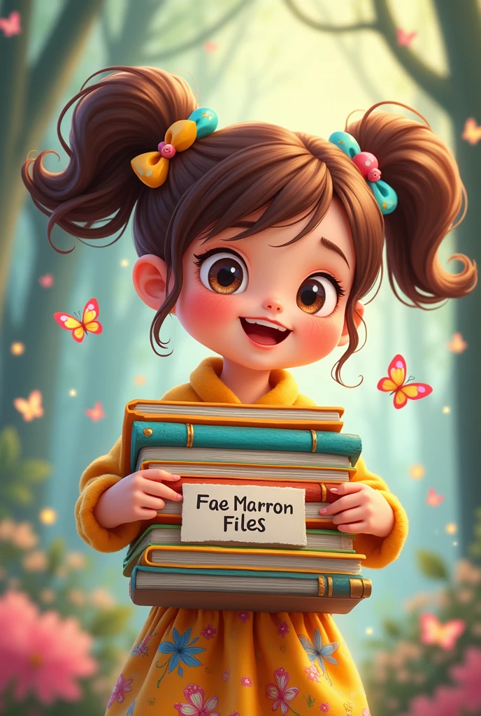 Girl with brown files and the files title 'Fae marron Files'  Make it cartoon and cute theme
