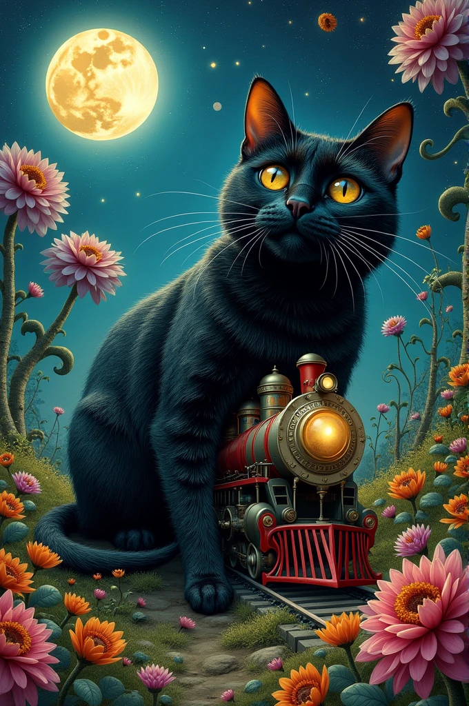 A big black cats eats a big train