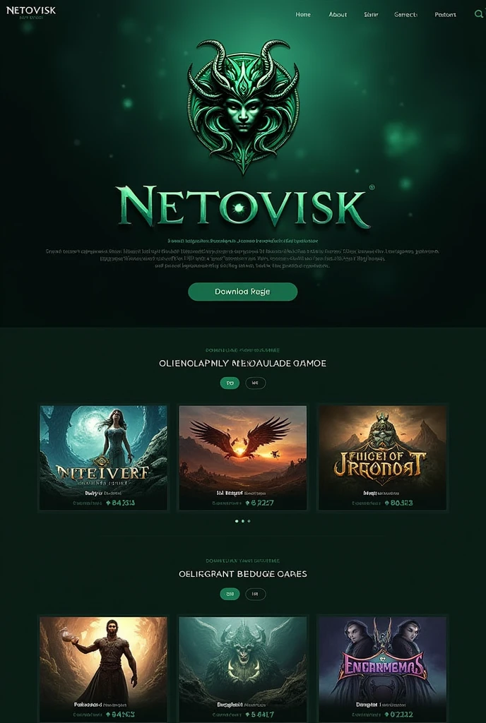 A visually appealing and simple website for downloading games, with an elegant and minimalist design. The homepage prominently features the Medusa logo at the top, alongside the brand name 'Netovisk,' which is designed to complement the Medusa theme. The site uses a color scheme of dark tones, such as black and emerald green, to create a mystical and modern atmosphere. Below the header, there is a section displaying various games available for download. The games are neatly organized, with clear and stylish download buttons, set against a neutral background that enhances the overall aesthetic.