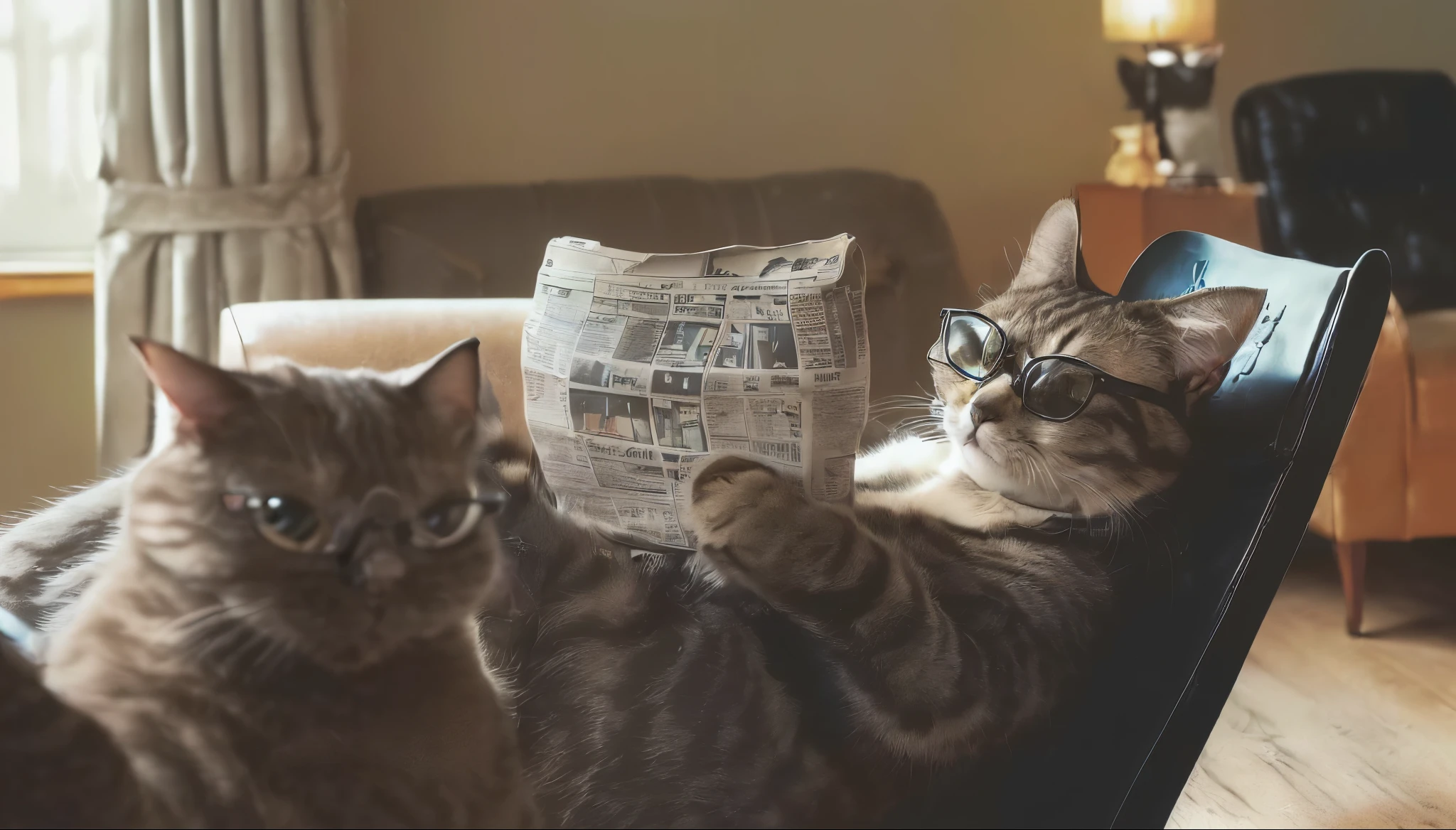 (A cat sitting in a chair in the living room reading a newspaper, captured from the front in a realistic way: 1.5) (A cat with its face close to the words in the newspaper and peering at them: 1.5) (A cat wearing black-rimmed glasses: 1.5)