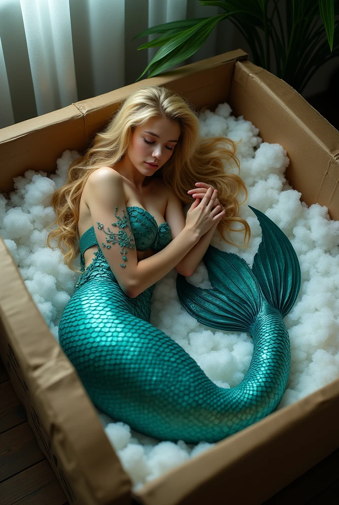 A beautiful blonde woman with a mermaid body stuffed inside a cardboard box with polystyrene, She is asleep and very realistic