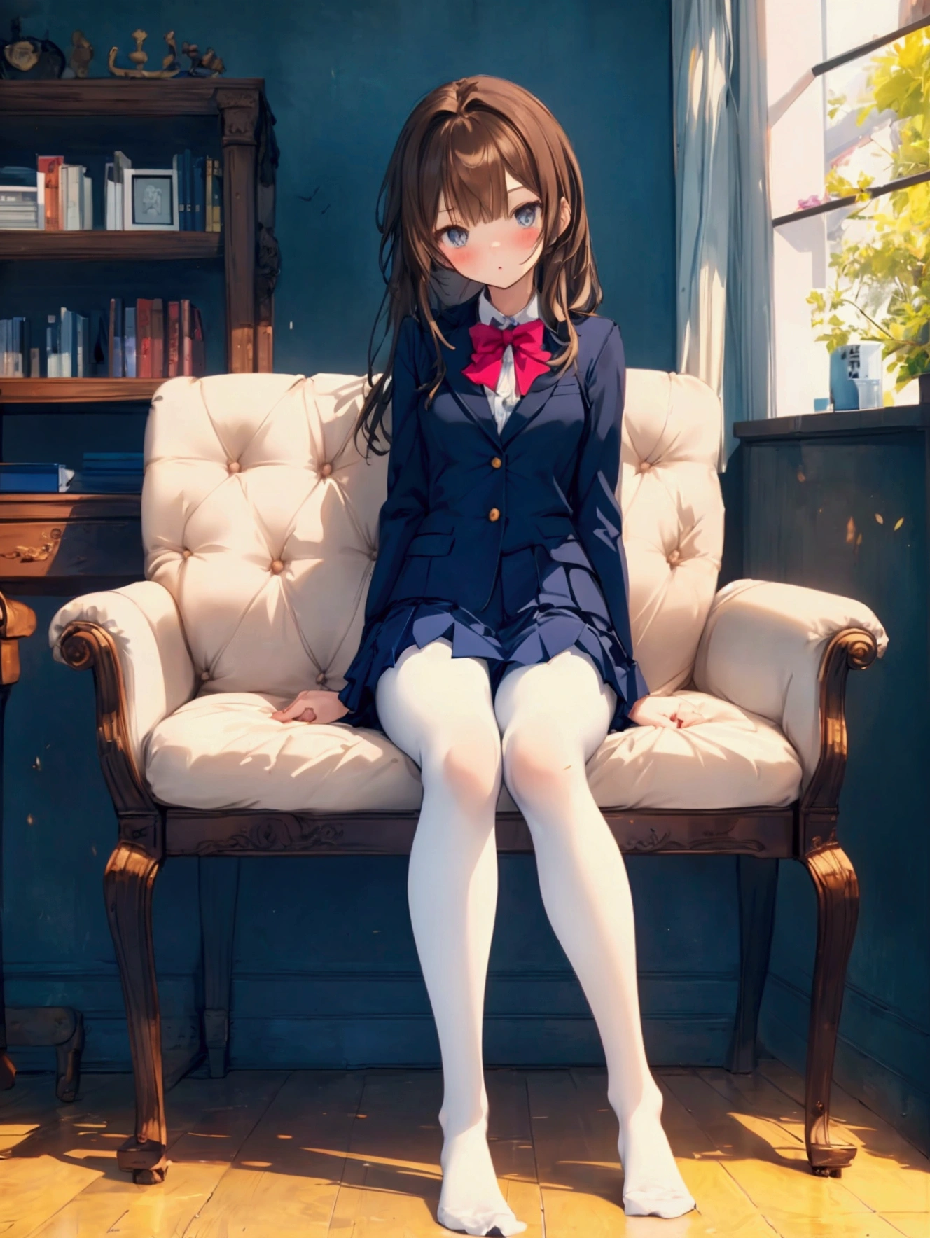 Top quality, masterpiece, High resolution, (Head to toe full body), front, frontやや下からの構図, Symmetric, Tall 18 year old, alone, (Head to toe), (Small breasts), Unkempt brown hair, bangs, (black tights), (Black Pantyhose), (Sit with your legs apart), (Crouching pose), (Composition showing white panties), (Her legs were spread、I see your white pants.), (I was made to sit on the floor with my legs spread..), (M-shaped legs), Thin legs, A very beautiful and tall 18 year old girl, (No shoes), blush, Shy big eyes, looking at the camera, Blazer Uniform, Checkered Pleated Skirt