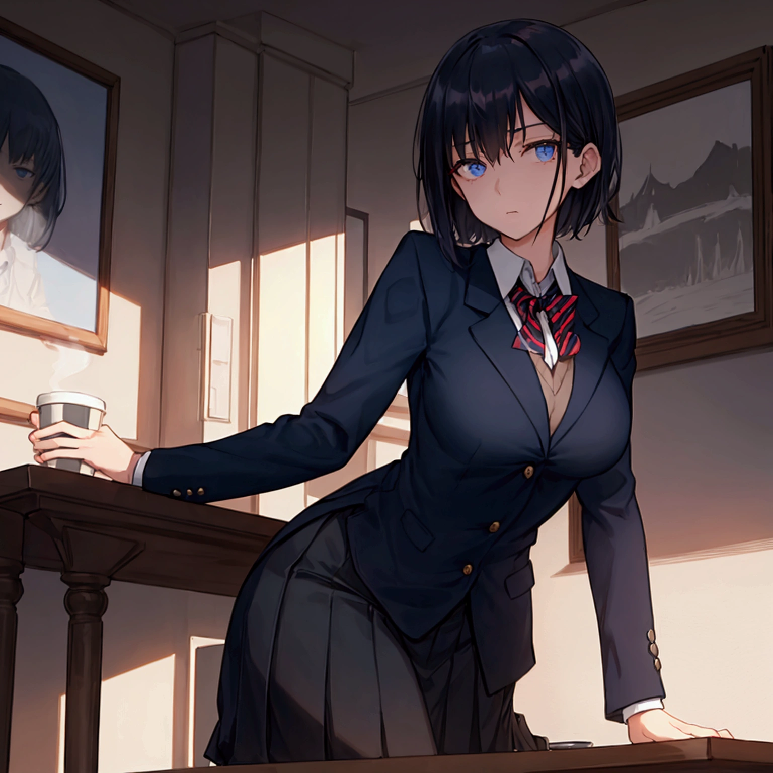 a woman in a school uniform, dark sweater tied around her hips, dark blue blazer, sitting behind a table in a coffee shop, facing the viewer with an arrogant expression, detailed face, beautiful shining short dark hair, medium-large breasts, highly detailed, cinematic lighting, dramatic colors,