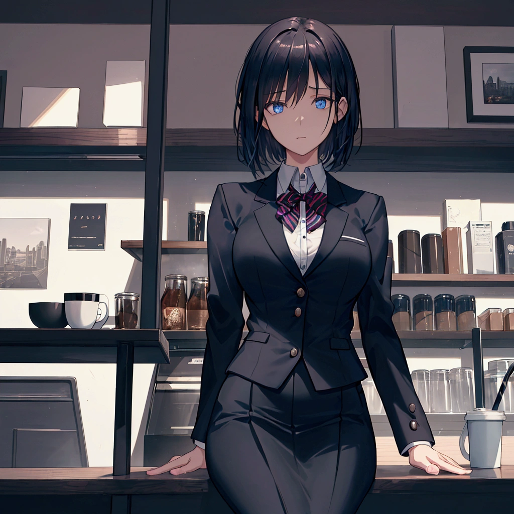 a woman in a school uniform, dark sweater tied around her hips, dark blue blazer, sitting behind a table in a coffee shop, facing the viewer with an arrogant expression, detailed face, beautiful shining short dark hair, medium-large breasts, highly detailed, cinematic lighting, dramatic colors,