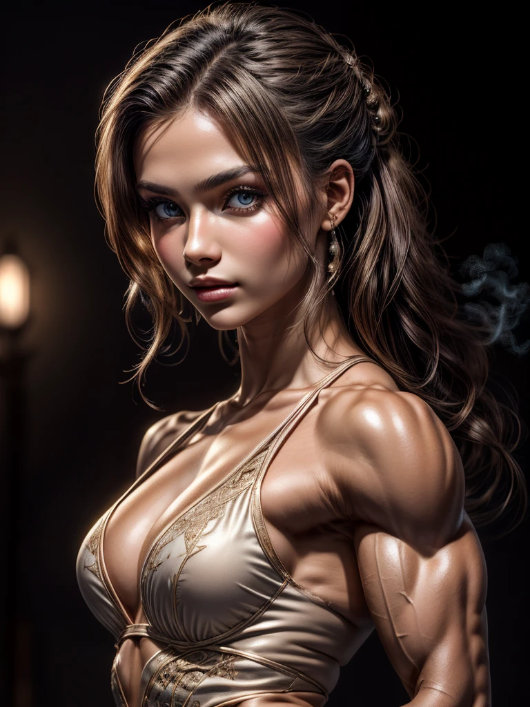 Dainty, Stunning, gorgeous, HyperSmoke, award winning portrait photo of an young Norwegian woman, flawless skin, bokeh, backlit, (brown color in detail:1.1), elegant atmosphere, realistic, intricate details, flawless skin tone, dark background, ((muscular arms)), small-boned