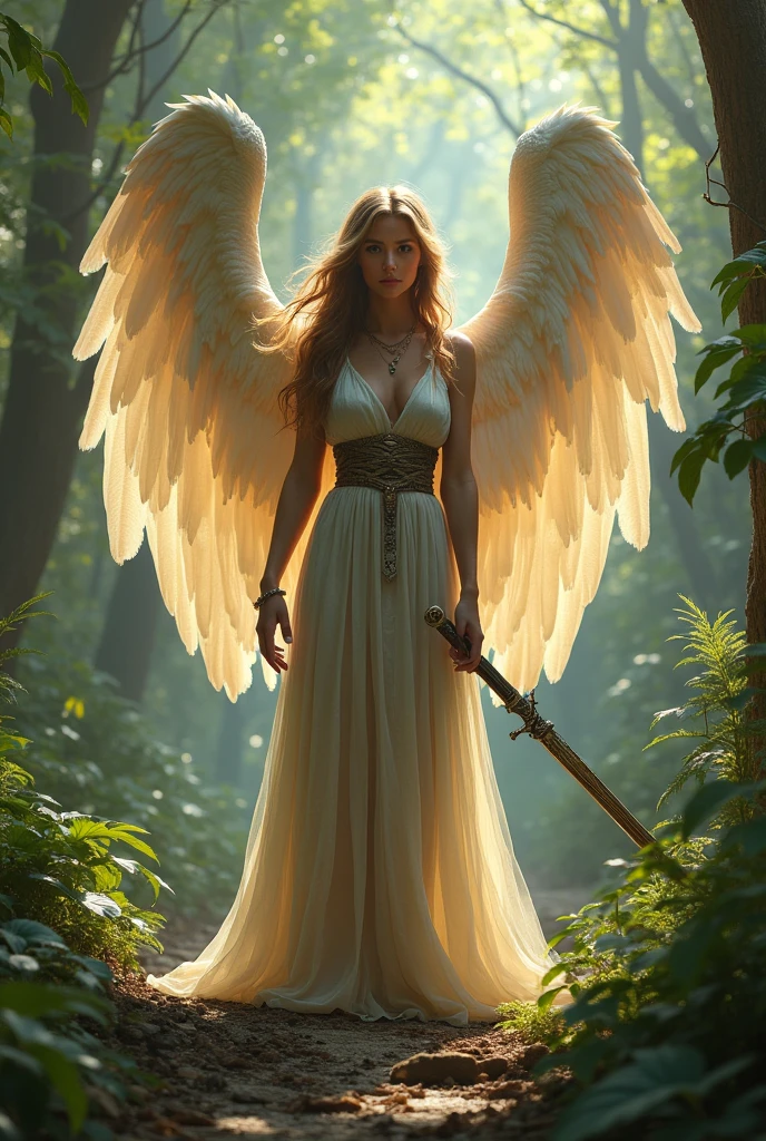 Beautiful female angel standing in the jungle of the dinosaur era, whole body, Holding a sword, Daytime, whole body