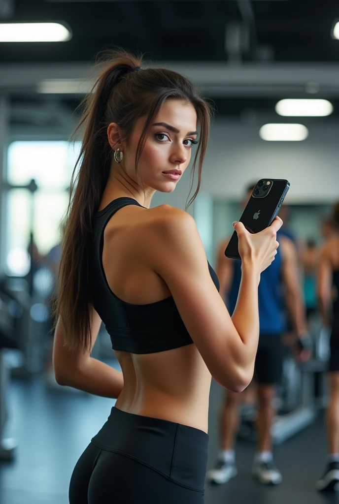 A brunette woman, slim, with well-toned abdominal muscles, is taking a photo in front of the gym mirror with his iPhone 15 in his hand. She wears gym clothes, her hair is tied up and she looks sweaty. The scene shows the equipment and lighting typical of the gym.