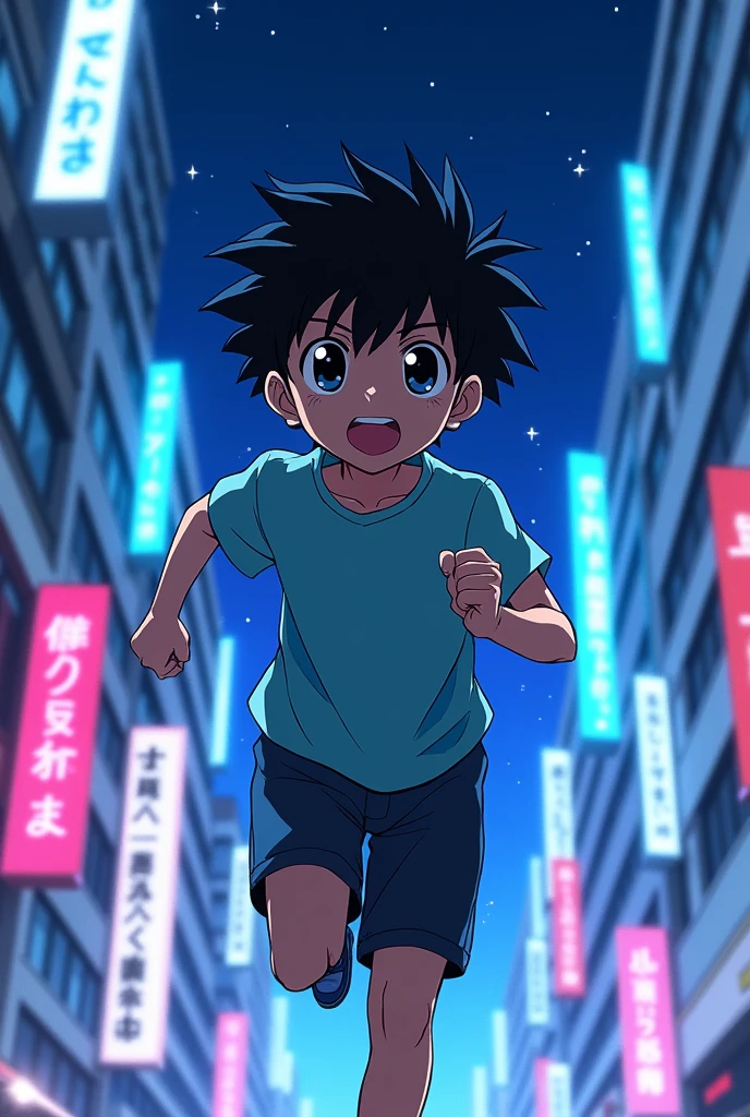 Create a cool anime drawing of a realistic Japanese boy with black hair。smooth body type, With bangs, cheerful appearance, Light skin tone, Black eyes. Standing so that the whole body is reflected, Colorful neon blue color with city buildings as background 、City night sky、Run、Run、Side angle