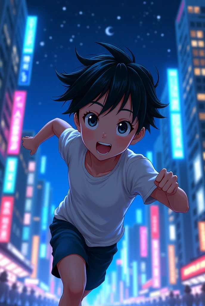 Create a cool anime drawing of a realistic Japanese boy with black hair。smooth body type, With bangs, cheerful appearance, Light skin tone, Black eyes. Standing so that the whole body is reflected,  Colorful neon blue color with city buildings as background 、City night sky、Run、Run、Side angle