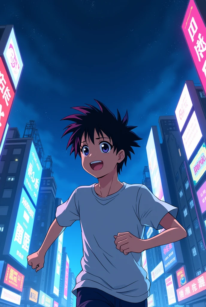 Create a cool anime drawing of a realistic Japanese boy with black hair。smooth body type, With bangs, cheerful appearance, Light skin tone, Black eyes. Standing so that the whole body is reflected, Colorful neon blue color with city buildings as background 、City night sky、Run、Run、Side angle