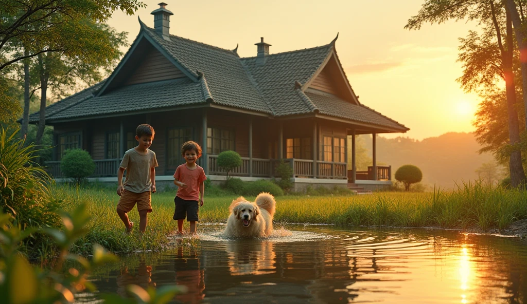 an image of a rural vietnamese villa with the light shining on them, in the style of colorful prisma, small pond, a dog and 2 boys playing together front the house, erased and obscured, multiple flash, iconic album covers, photography, 50mm