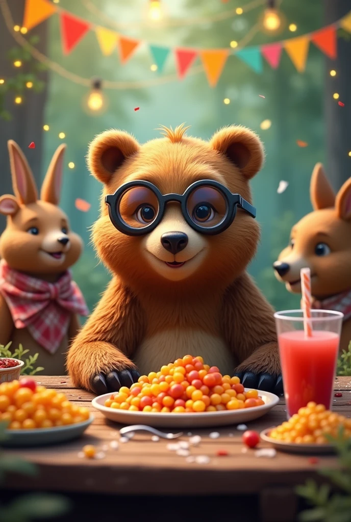 A bear with glasses at a party