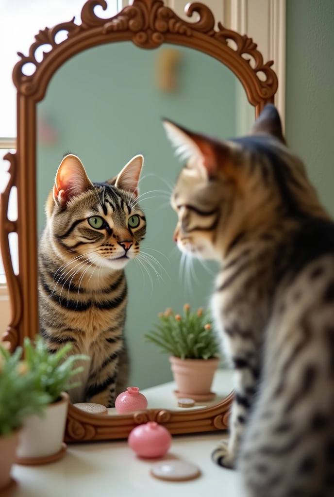 High resolution, Highest quality, (Cat looking in the mirror)、later、