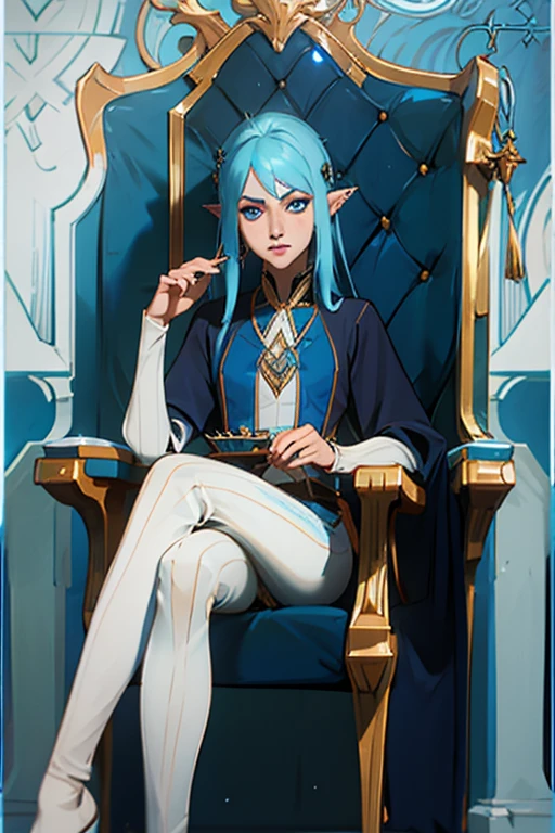 an elven woman, long hair down to the feet with blue highlights, piercing and judgmental gaze, light blue eyes, sitting on a chair with legs crossed in a tavern,with light blue smoke around it, clear skin with a bright appearance