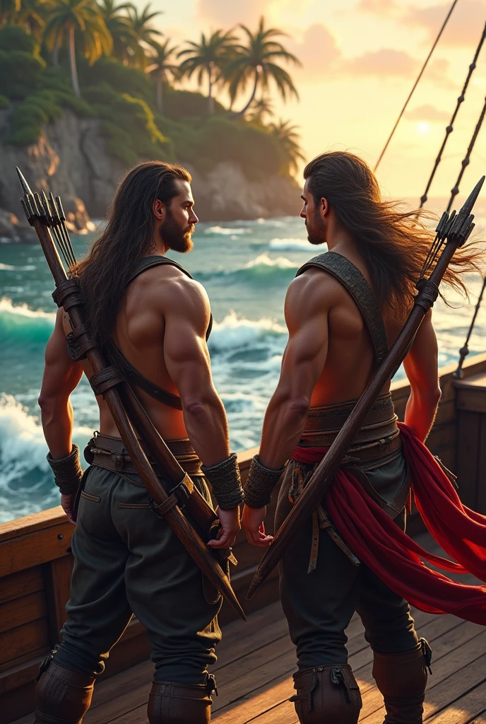 Two mid- twenty men warrior, archers, with bows and arrows made of steel and small daggers in their waists, and one has lond hair color, Crossing the sea, in front of them is a be beautiful Island, using pirate ship,