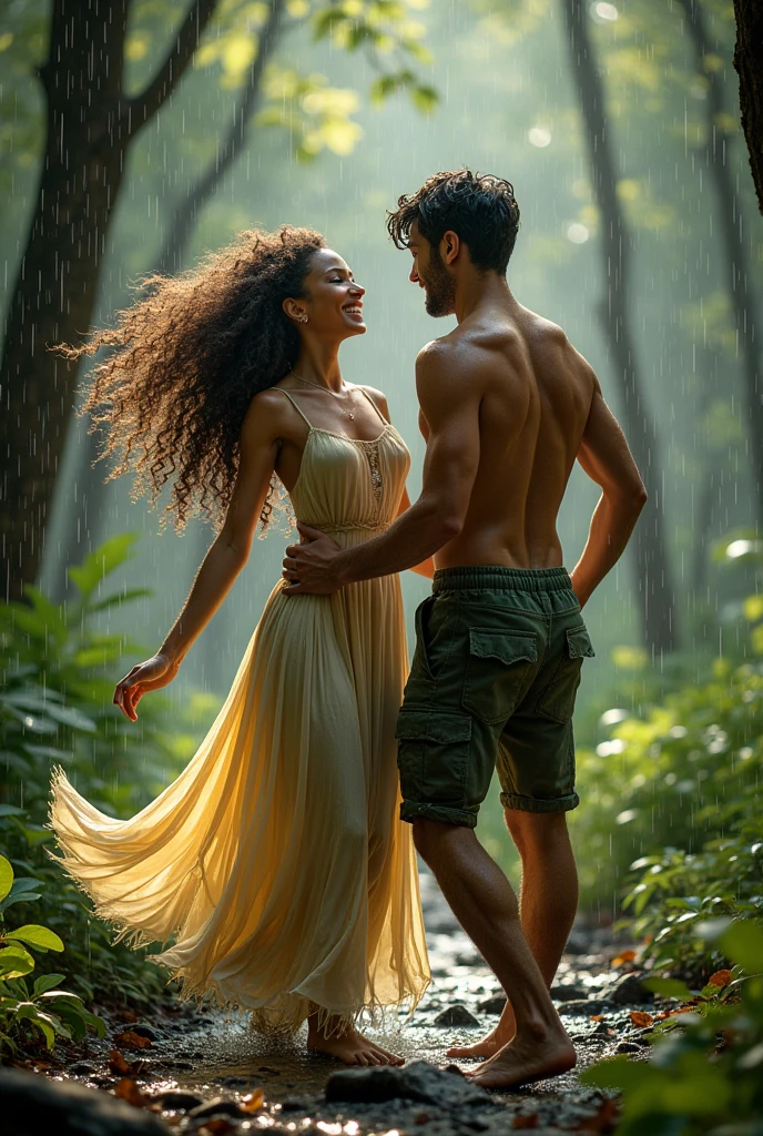 a nymph with tanned skin, green eyes and curly brown hair with a lush body next to her is a muscular and handsome man with dark blue eyes and raven hair. The two are dancing in the rain, they are both very happy