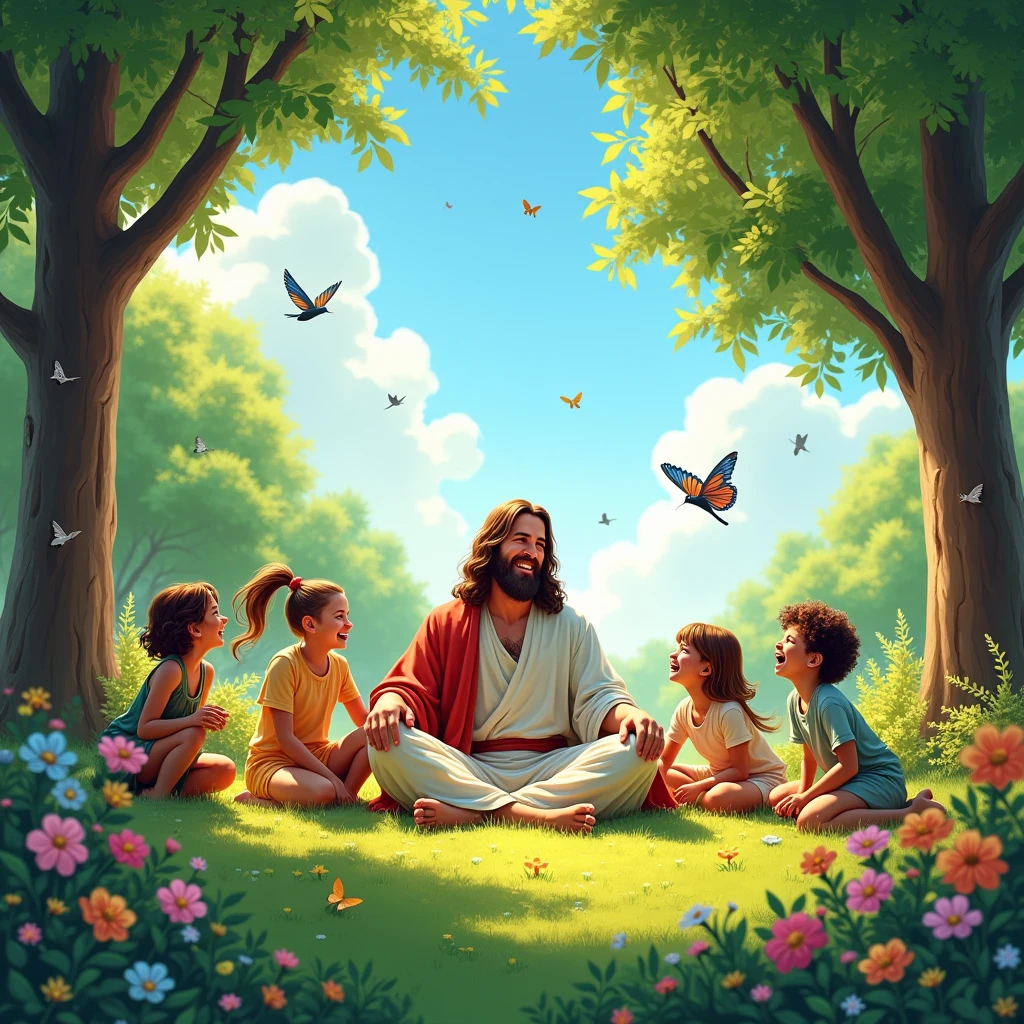 Jesus with several children around him in a grassy garden with trees and flowers, birds and butterflies blue sky with beautiful white clouds