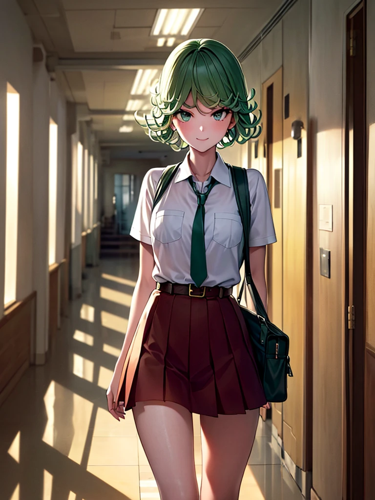 (high res, 8K, masterpiece, looking at viewer, best quality, very aesthetic, ultra detailed, ultra background, ultra Eyes) intricate details, 1girl, Tatsumaki, Green Short Hair, Green Eyes, short sleeved white shirt, Smile Face, pocket on left chest, wearing a red tie, red short skirt, wear a belt, wearing a school bag, walking in the school hallway, Background school hallway, School, Cinematic Angle