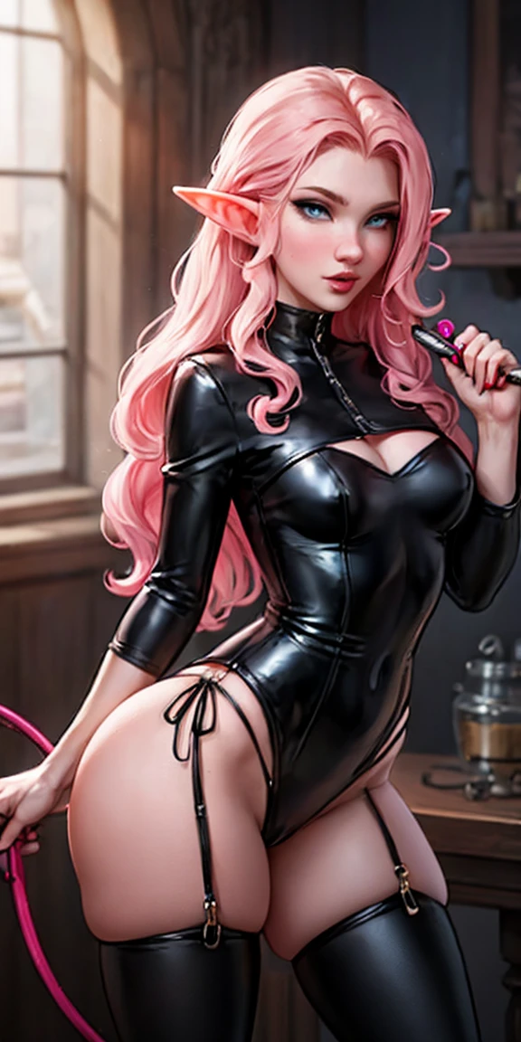 Woman, long wavy hair, pink hair, blue eyes, elf, black outfit, sexy, dominatrix, fendom ,Holding whip