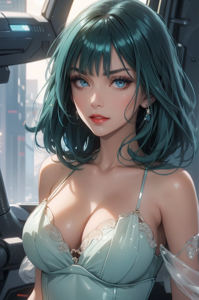 1girl,a beautiful fashion model ,(masterpiece, detailed background, best quality),short and shiny hair, blue green hair, hair with highlights, bangs, smirk,juicy lips,red lips, calmart, lingerie, stripping, elegant makeup, blue eyes, full body shot, (shiny skin), cyberpunk, sci fi, boa, extravagant jewelry, y expression, covered in jewelry, fancy, white dress