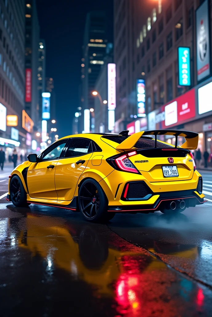 (photorealism:1.2), the civicferio type(glossy yellow)(mugen modified), (side look) at nights in newyork city, very detailed parts, smokes near the tire just like drifting, car lights is on.
