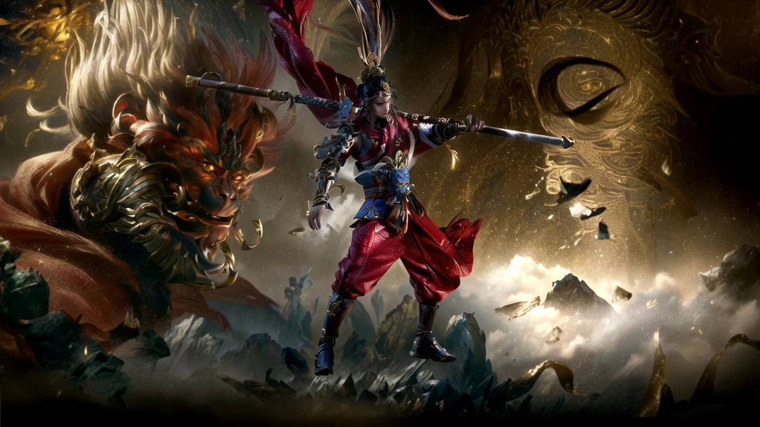 There is a monkey holding a golden hoop stick, 4k highly detailed digital art, Artstation Contest Winners, ZBrush Center Competition Winners, artstation 4k, 3D Rendering Character Art 8k, arte de fantasia 8k, Inspired by Hu Zaobin, ArtStation masterpieces, Demon Samurai Warrior, zrush contest winners, 4k fantasy art