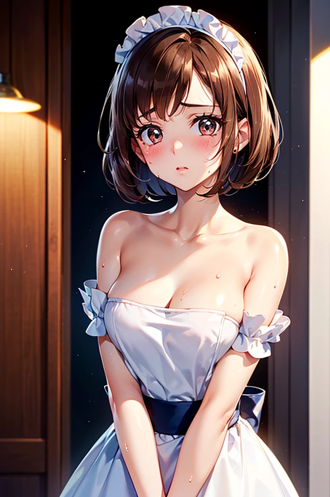 High resolution, Highest quality, super high quality, Very detailed, Cinema Lighting、Sweaty、Sweat、(((Brown hair short cut、Completely naked50Madame Precure, 20 years old, high-class maid's blowjob、((Pussy)))))(((、、(((Embarrassed and blushing)))、Bedside)))、