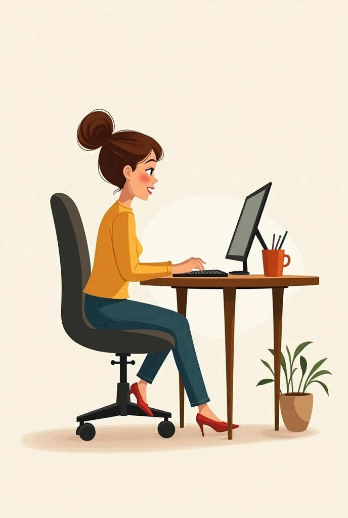 art mignon, art minimaliste , femme, cheveux brun très court, un ordinateur sur un bureau, dessin