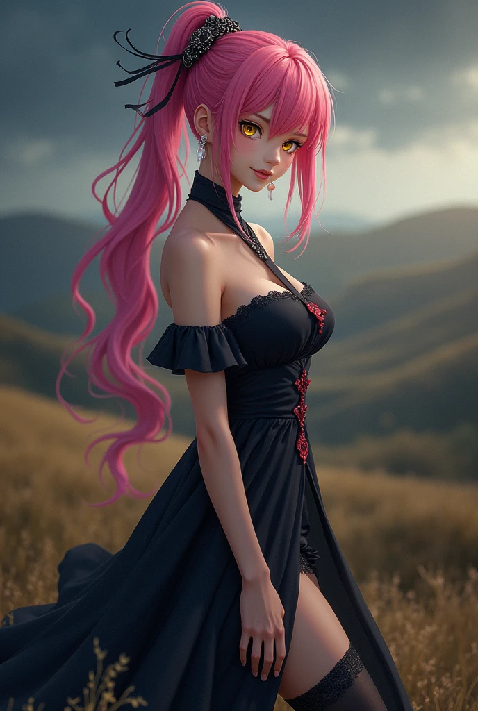 1girl, solo, long hair, breasts, looking at viewer, smile, bangs, large breasts, hair ornament, thighhighs, gloves, shinigami dress bleach, cleavage, hair between eyes, bare shoulders, jewelry,

closed mouth, yellow eyes, ponytail, pink hair, multicolored hair, cowboy shot, earrings, white dress, thigh strap, single glove. Changli, wuthering wave