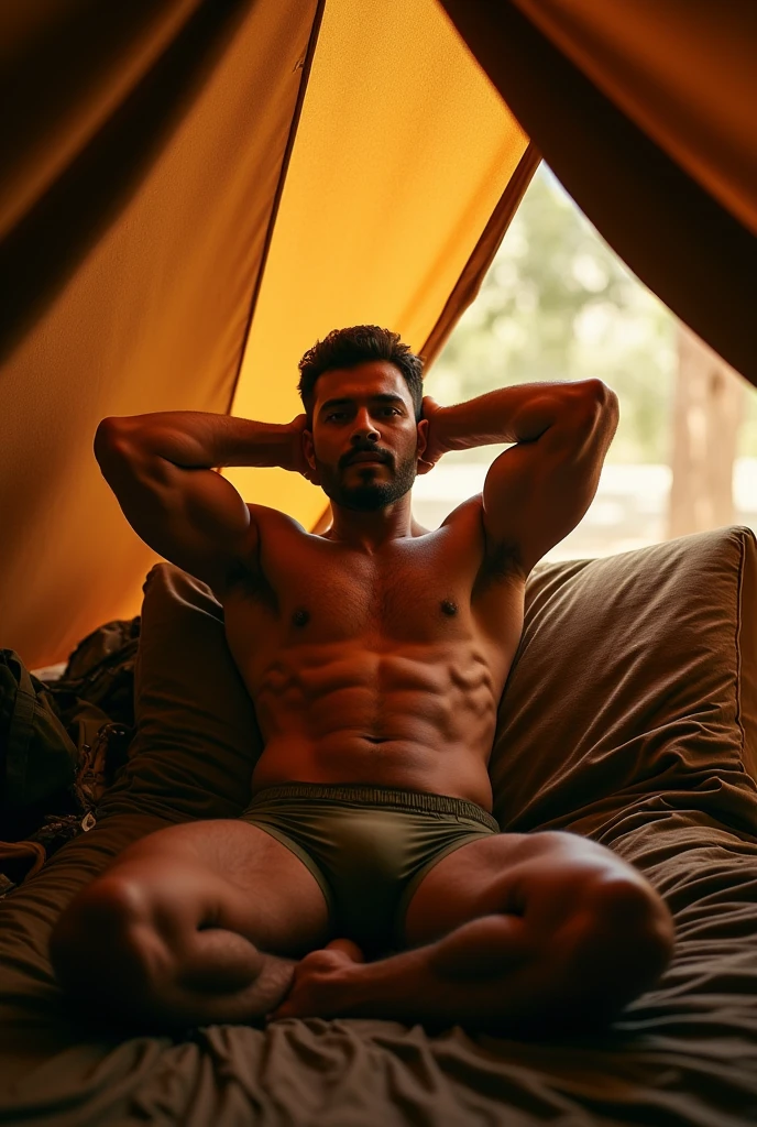  indian army officer with fully jacked muscular body laying on bed in a position where his both hands are behind his head inside the army tent wearing brief jocks.