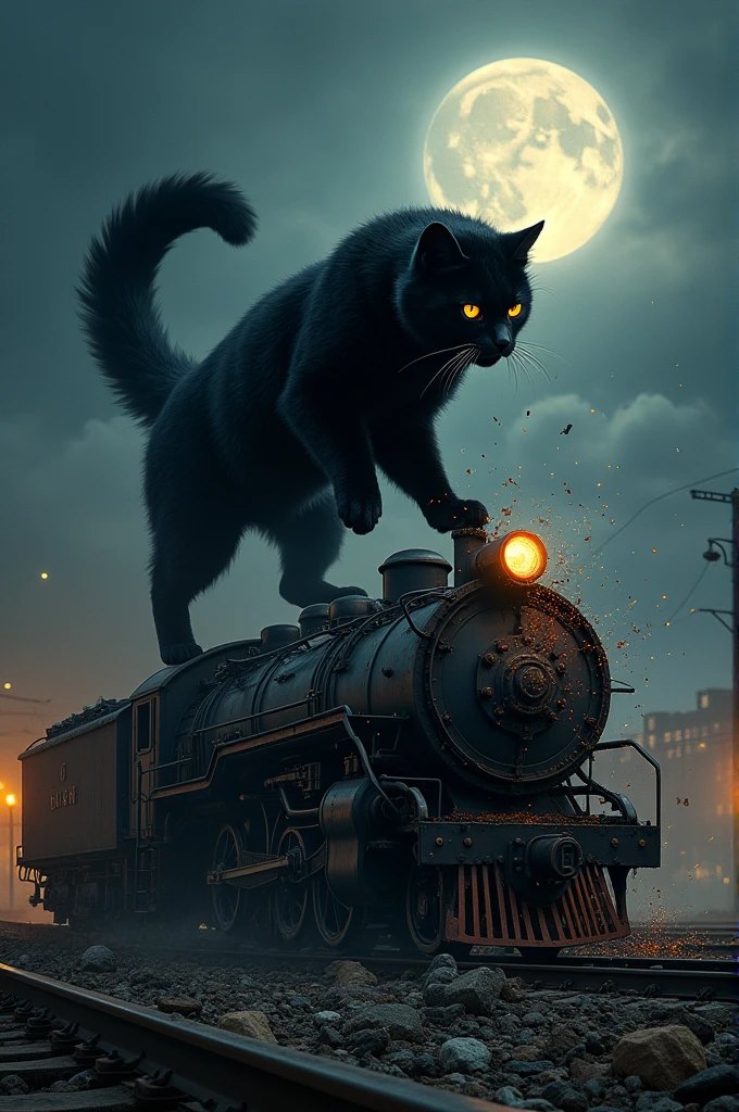 A big black cat destroy the train