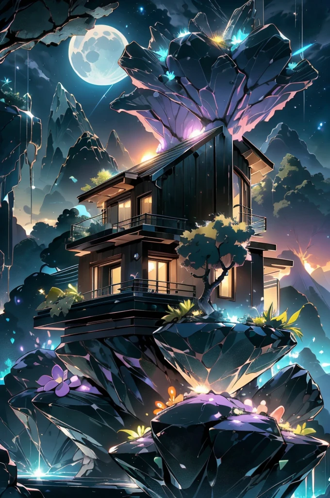 small and beautiful modern house in top of big boulders, terraces, pool, stairs, multiple cacti gardens, palms, trees, rocks, beautiful landscape design, mountains and volcano y background, amazing clouds, sun, moon, planets, milky way galaxy, concrete, wood, glass and steel materials, olive green, violet, orange and withe colors in facade