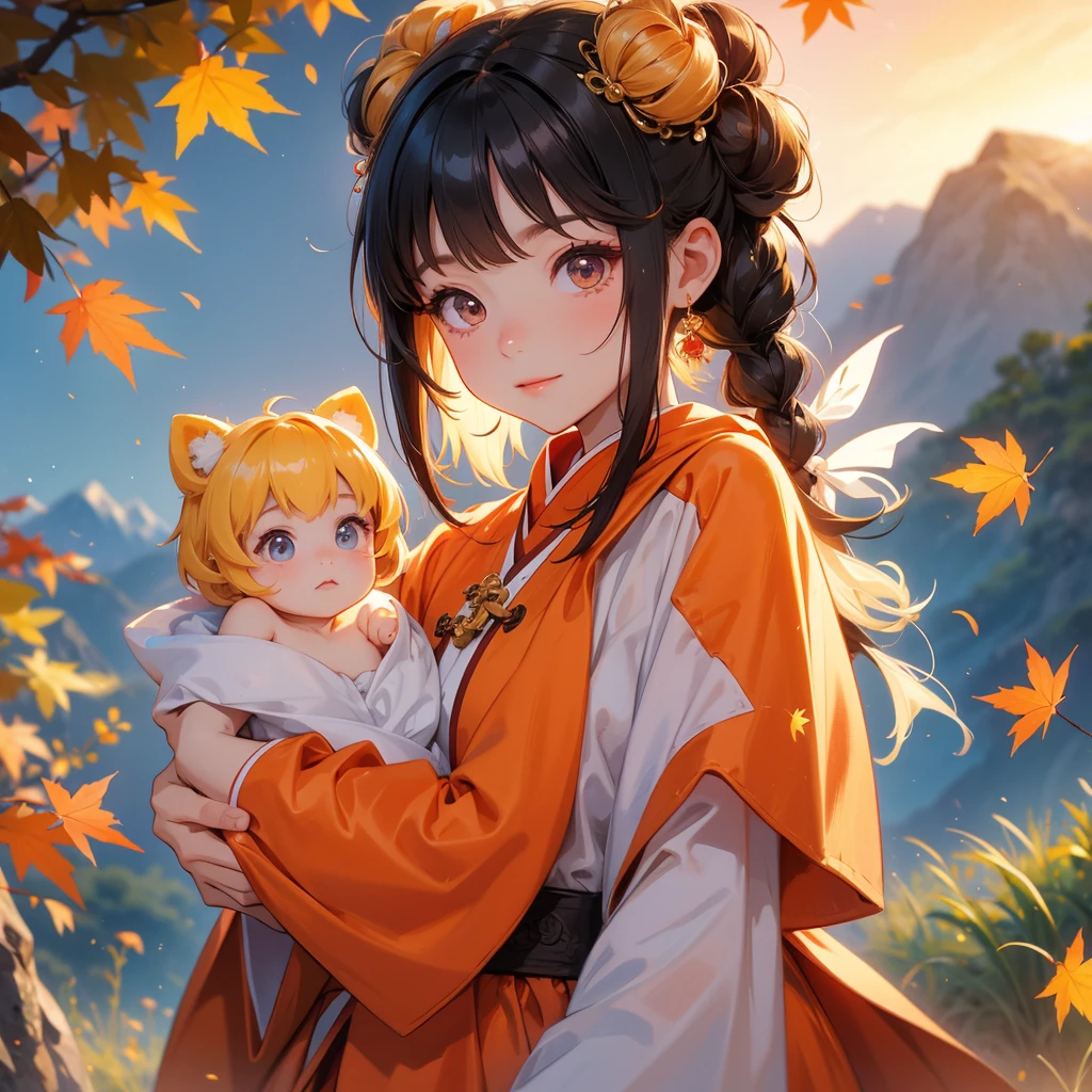 A chibi child girl had a small face and Wearing a little Taoist priest's outfit. A pair of big round eyes shone with curiosity about him. This child was so cute! The backdrop is a mountain that turns orange-red in spring, and maple leaves fall from the trees, her hair is black with two buns on her hair.small chibi, chibi baby, smiling ,Chibi. Sunset.