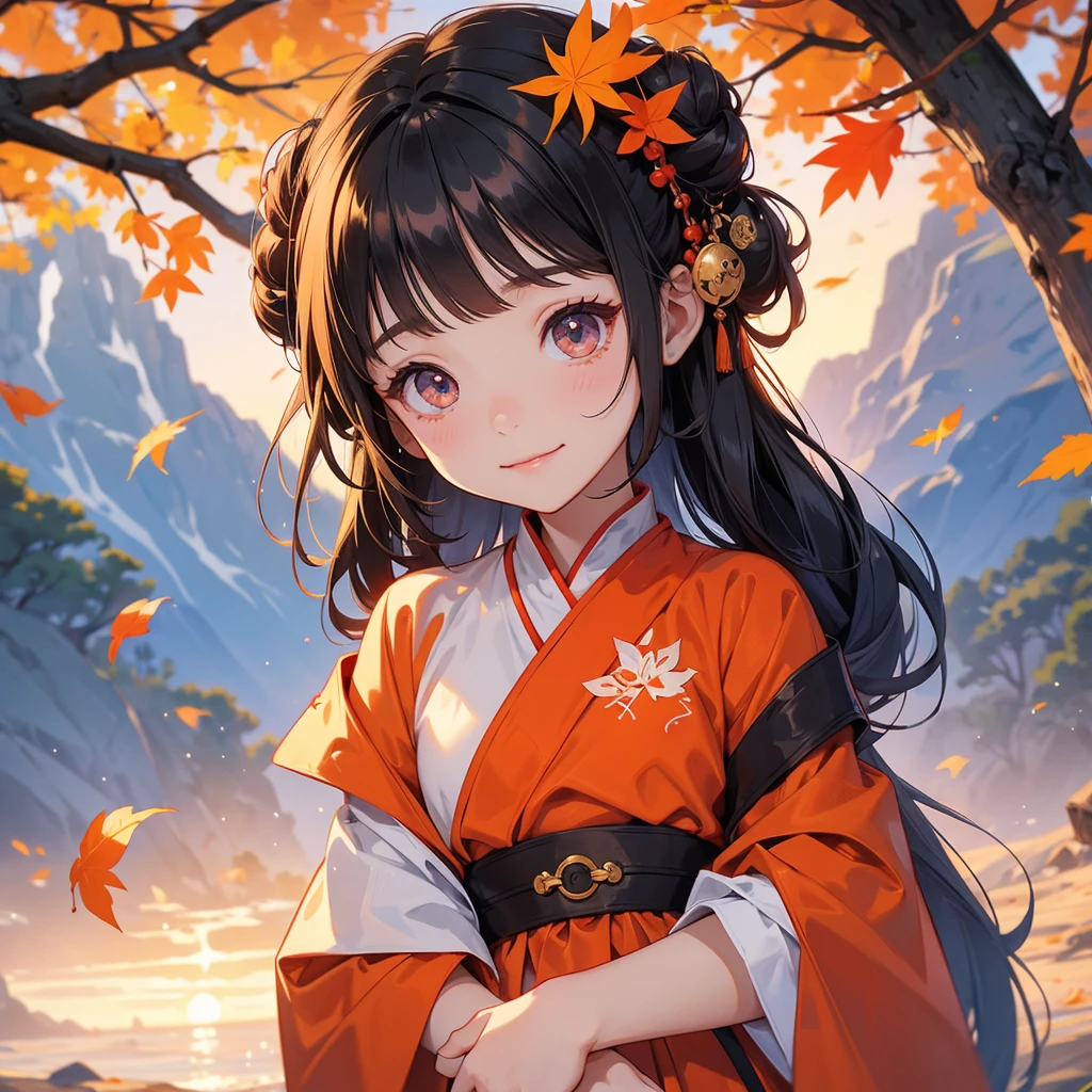 A chibi child girl had a small face and Wearing a little Taoist priest's outfit. A pair of big round eyes shone with curiosity about him. This child was so cute! The backdrop is a mountain that turns orange-red in spring, and maple leaves fall from the trees, her hair is black with two buns on her hair.small chibi, chibi baby, smiling ,Chibi. Sunset.