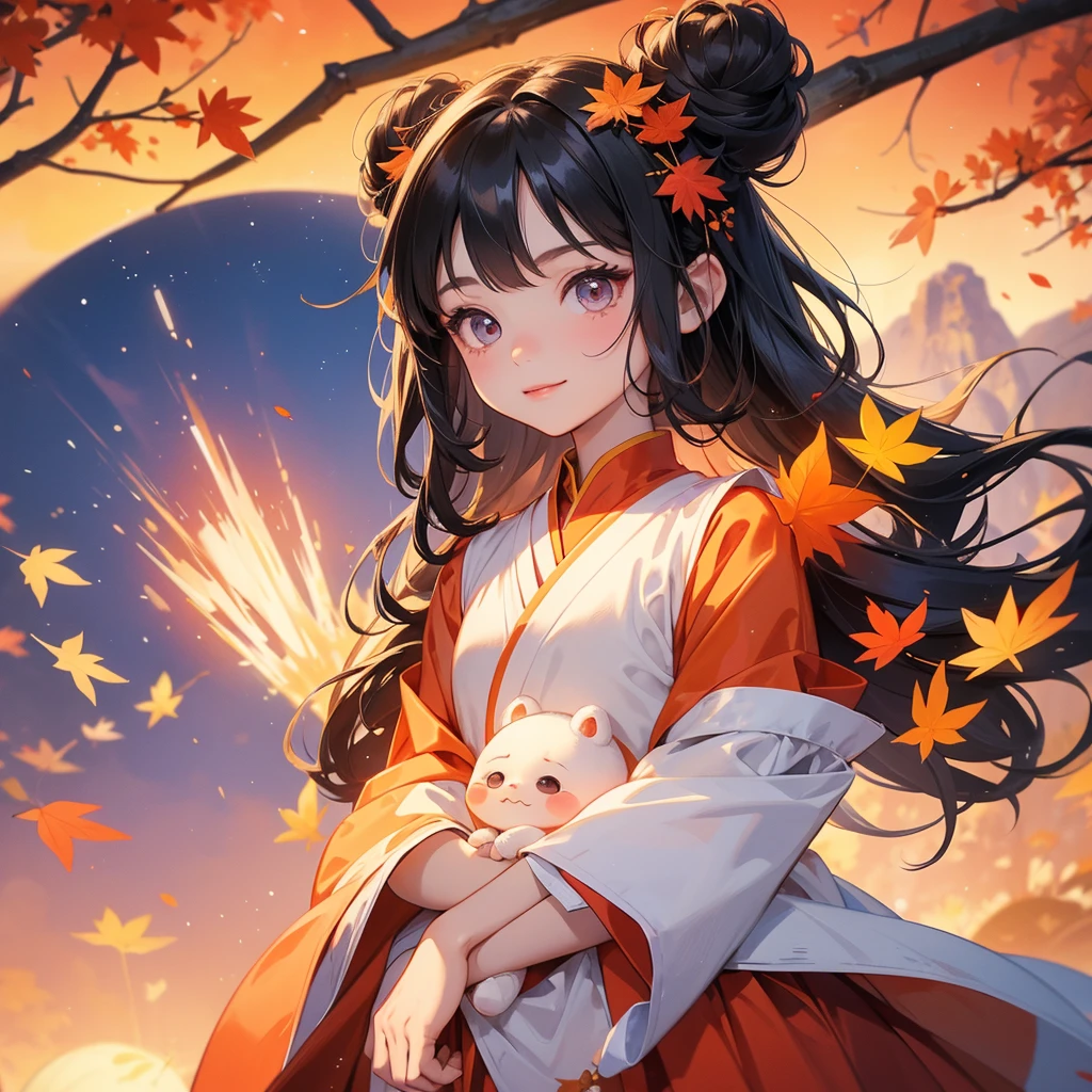 A chibi child girl had a small face and Wearing a little Taoist priest's outfit. A pair of big round eyes shone with curiosity about him. This child was so cute! The backdrop is a mountain that turns orange-red in spring, and maple leaves fall from the trees, her hair is black with two buns on her hair.small chibi, chibi baby, smiling ,Chibi. Sunset.