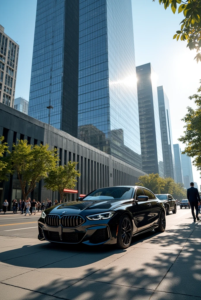 Black bmw car in with big building front 