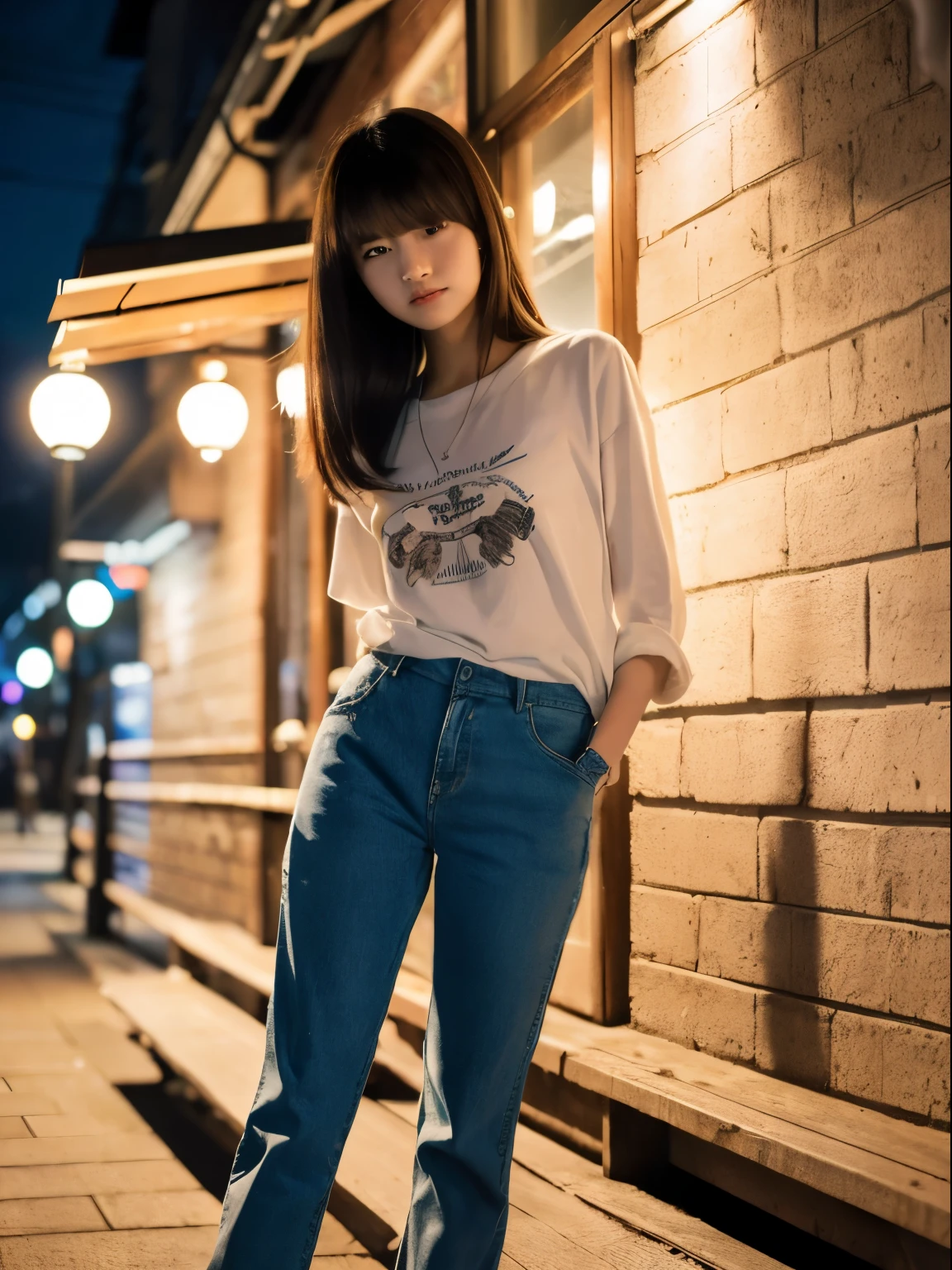 (8k, Top quality, Masterpiece:1.2), (Realistic, photo-realistic:1.37), Super detailed, perfect anatomy, cute, small eyes, 18 years old, a Japanese, girl, at night, pants,