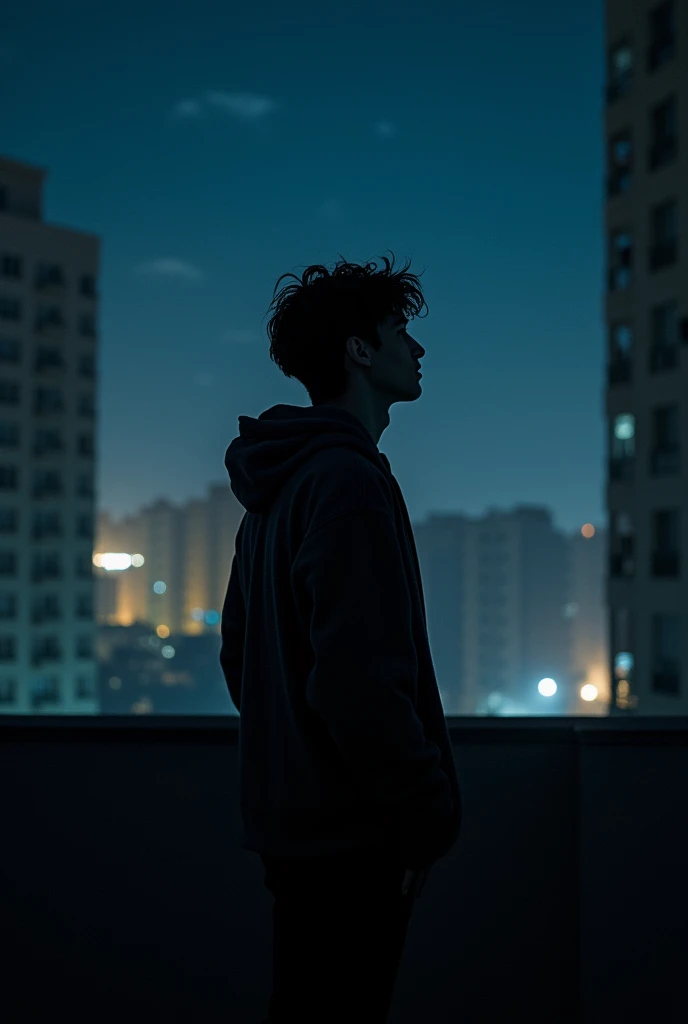A adult boy feel alone at midnight on terrace without light