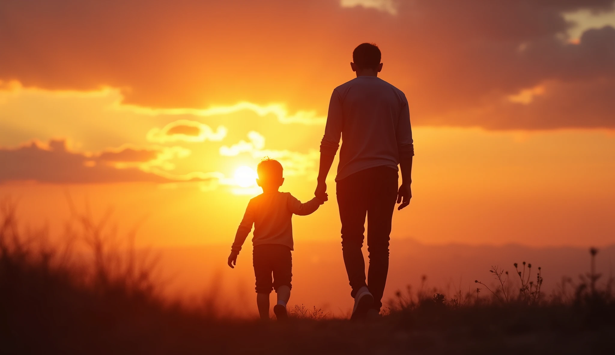 In the sunset、Back view of a child walking with his hand on his parent's shoulder