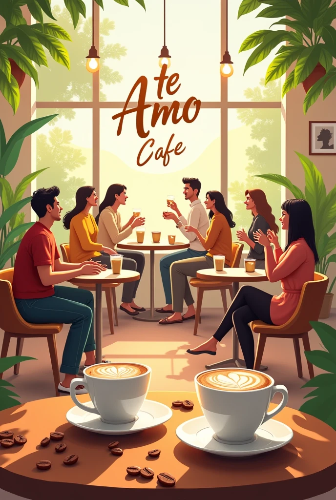 Create hd poster for Te amo Cafe grand opening on August 21th with cuppuccino drinking people background