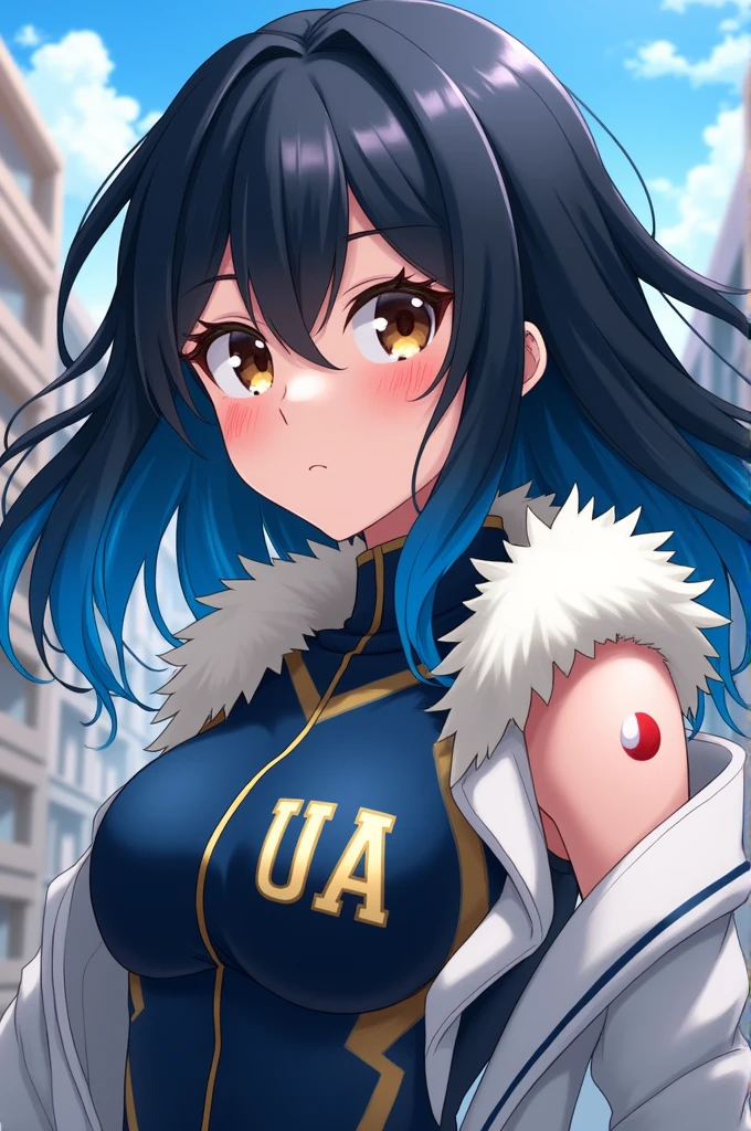 Character description:

style: female, style "Boku no Hero Academia".
Framing: Show only the torso up.
hair: loose, with black roots, and the rest of the hair in navy blue.
eyes: light brown.
fur: white.
facial detail: A single moon, Located in the center of the right cheek.
outfit: He is wearing the UA uniform.
