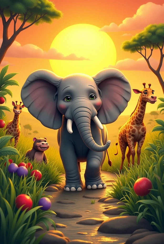 
1. Elmer the elephant (fat elephant):
    - Big and fat, with a grey and wrinkled skin.
    - Kind eyes and a kind smile.
    - It has a long and flexible trunk.
    - He loves to eat fruits and vegetables.
    - It&#39;s slow but sure, and always arrives with a smile.

2. Leo the lion (thin lion):
    - Slim and agile, with a shiny golden mane.
    - Green and piercing eyes, with a brave expression.
    - It has a long, hairy tail.
    - It is fast and agile, and he loves to run through the savannah.
    - He is the leader of the group and is always ready for an adventure..

3. Hugo the Hippo (big hippo):
    - Big and heavy, with a pink and smooth skin.
    - Small, round eyes, with a friendly expression.
    - It has a wide snout and a big mouth.
    - He is strong and powerful, and he loves to swim in the river.
    - He&#39;s a bit clumsy on the ground, but in the water he is a real king.

4. Gina the Giraffe (small giraffe):
    - Small and thin, with brown skin and white spots.
    - Big and curious eyes, with a sweet expression.
    - It has a long neck and long legs.
    - It is fast and agile, and he loves to run through the savannah.
    - She is the fastest of the group and always comes first..

5. Croco the crocodile (fast crocodile):
    - Big and muscular, with a green and scaly skin.
    - Cold and calculating eyes, with a sly expression.
    - It has a pointed snout and sharp teeth.
    - It&#39;s fast and dangerous, and he loves to swim in the river.
    - It&#39;s a bit lonely, but he likes to join the group for races.

6. Momo the monkey (slow monkey):
    - Small and thin, with a brown and hairy skin.
    - Big and curious eyes, with a funny expression.
    - It has a long, prehensile tail.
    - It&#39;s slow and calm, and loves to climb trees.
    - He is the wisest of the group and always has a story to tell..