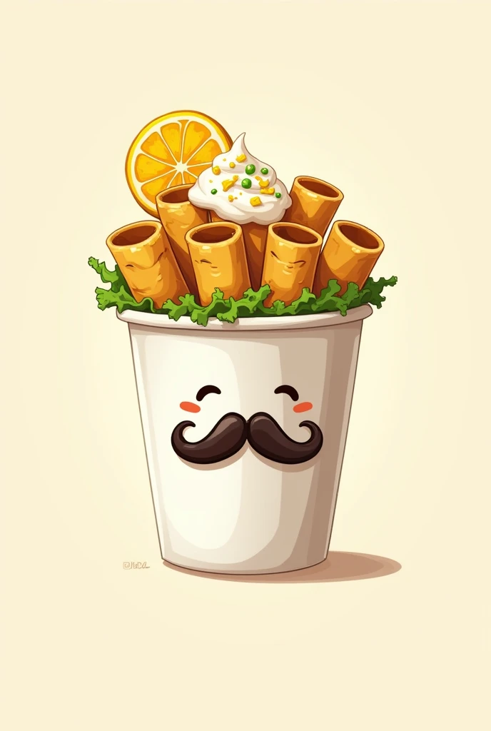 Make me a picture of tacos dorados or Mexican flautas, without the filling being visible, only the rolled tortilla, The flutes must be in a white paper cup. I want the same glass where the flutes are to have a mustache.
I want this illustration in a cartoon-type illustration., for a logo.
The flutes should have lettuce in small pieces, cheese and cream and a slice of lemon 