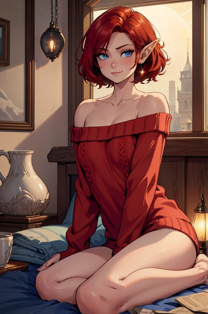 Masterpiece, best quality, high resolution, ultra detailed, slight smile, female elf, short red hair, light blue eyes, a beautiful girl looking at the camera, Frontal view, ((off-the-shoulder light red sweater,)) bare legs, night, warm interior room, image illuminated by a small lamp, depth of field, (half body: 0.6),