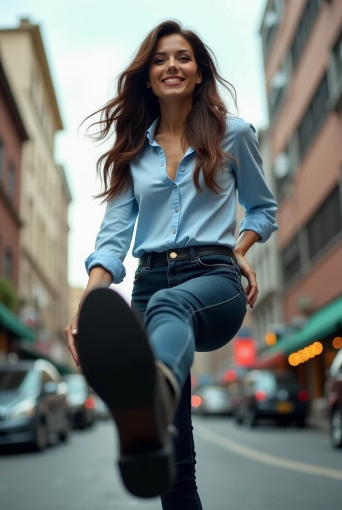 a pretty woman, 42 years old, Brown hair, pretty face, light blue shirt, dark jeans , black leather ankle boots, giantess, POV shot, lifts her right foot, Boot sole, FULL BODY shot