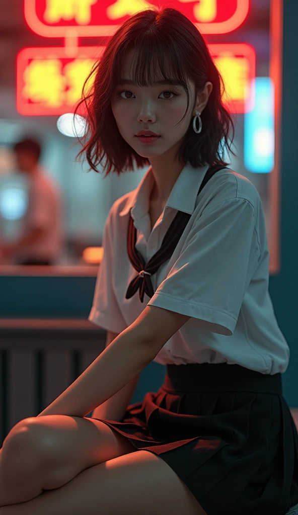 ultra Practical 8k cg, picture-Perfect face, Flawless, Clean, masterpiece, Professional artwork, Famous Artworks, Perfect face, Pretty Face, beautiful Eye, ((Perfect female body)), Solitary,(Immersive atmosphere, Chiaroscuro:1.5,Bright Light:1.2,Luminous lighting)
,,(blush:0.5),Expression,Extremely detailed_Eye,Thick thighs,Large Breasts,
Beautiful and detailed background,Depth of Field,Practical:1.3, Long Shot,1 Girl,shirt,Pleated Skirt, Uniforms, sit, whole body,
(Ambient Light:1.3),(Film composition:1.3),(Neon lights:0.1),(HDR:0.1),Accent Lighting, White pantyhose,