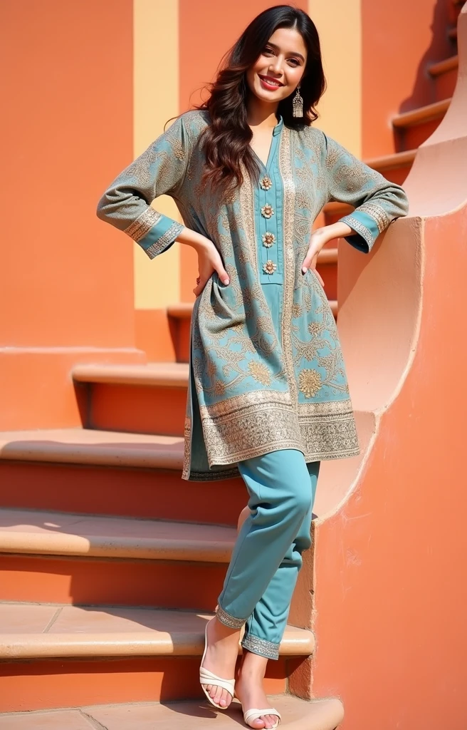 photograph full body portrait of Pakistani Female  pajama kameez beautiful face, smile, legs and feet stoic cinematic 4k epic detailed 4k epic detailed photograph shot on kodak detailed bokeh cinematic Islamabad , background change