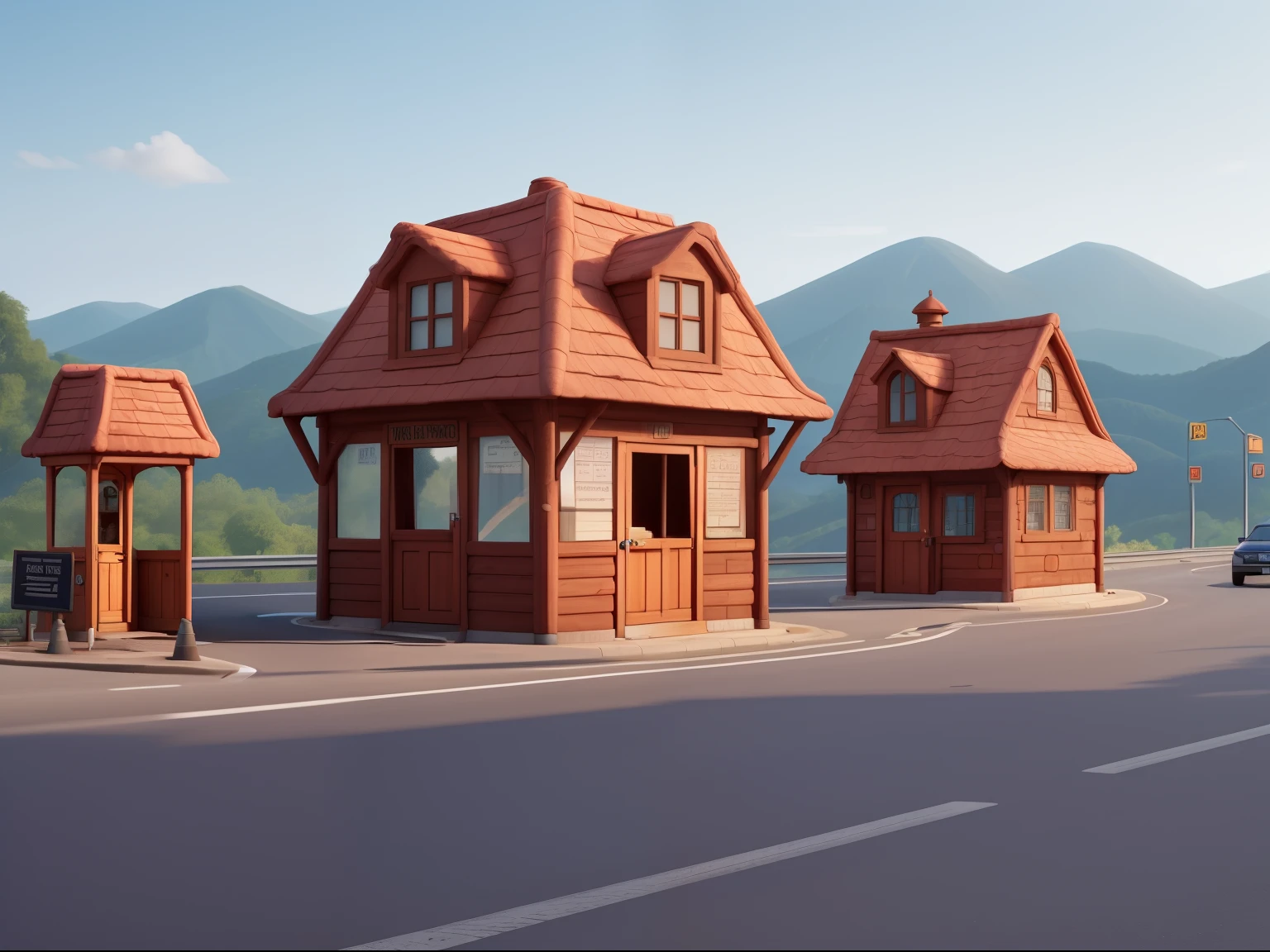 a wide road with an on the left small guardhouse with tollgate